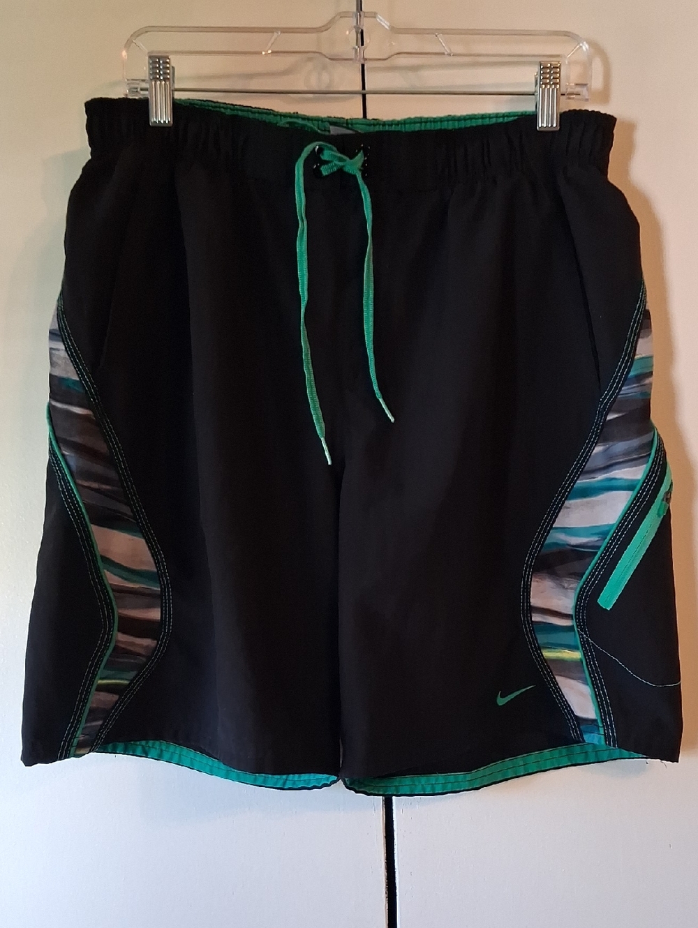 Nike Men’s Black Athletic Shorts with Teal Trim and Patterned Panels